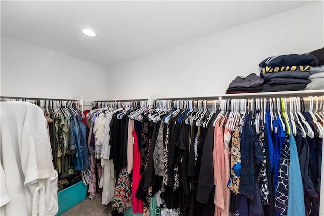 walk in closet featuring carpet flooring