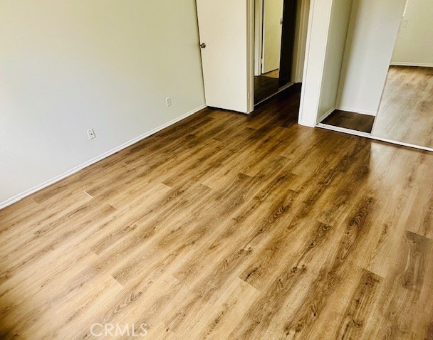 unfurnished bedroom featuring wood-type flooring and a closet