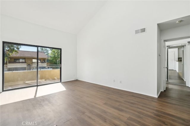 18808 Mandan St Unit 312, Canyon Country, CA 91351 - unfurnished room with visible vents, baseboards, high vaulted ceiling, and wood finished floors
