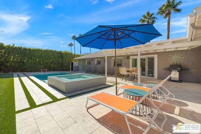 view of swimming pool featuring a pergola, area for grilling, an in ground hot tub, and a patio