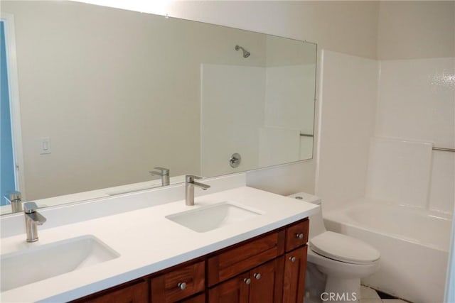 full bathroom with shower / bathtub combination, toilet, vanity, and tile patterned flooring