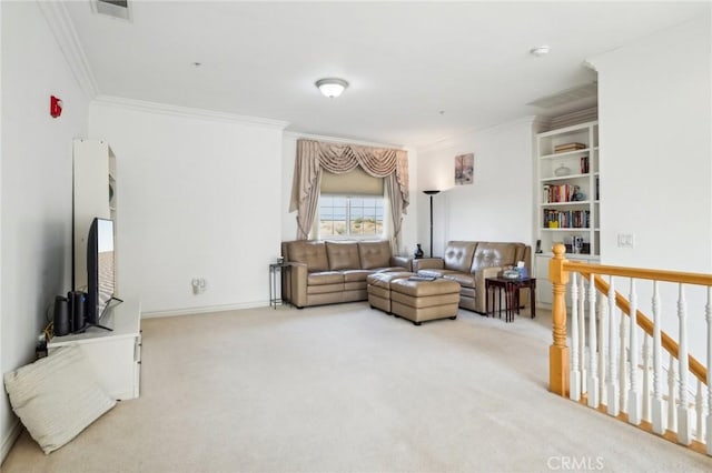 living room featuring crown molding and carpet flooring