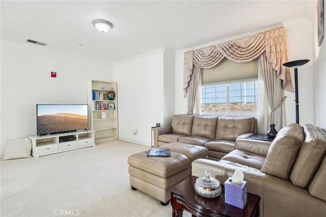 carpeted living room with ornamental molding