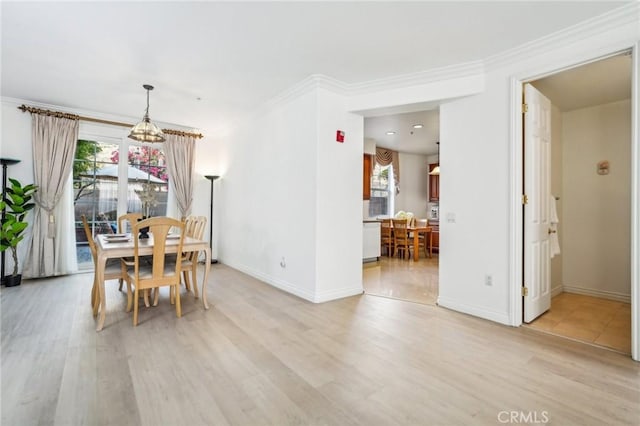 dining room featuring a wealth of natural light, ornamental molding, and light hardwood / wood-style flooring