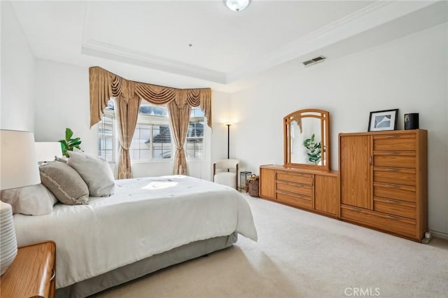 bedroom with carpet and a tray ceiling