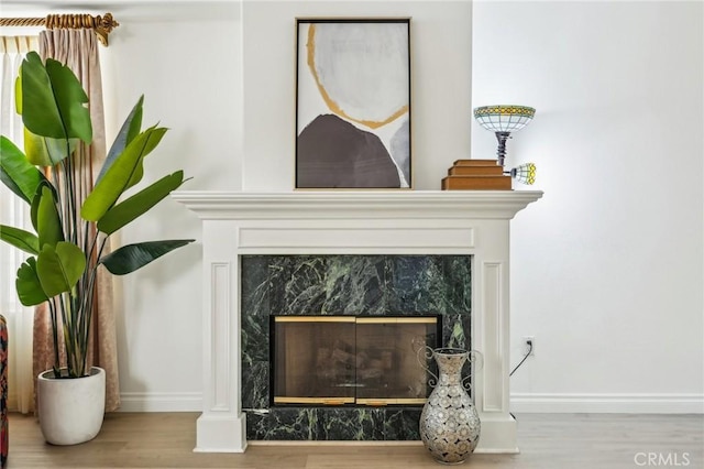 interior details with wood-type flooring and a premium fireplace