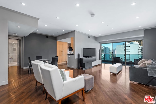 living room featuring dark wood-type flooring and ornamental molding