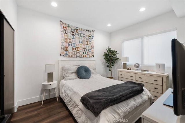 bedroom featuring dark wood-type flooring and a closet