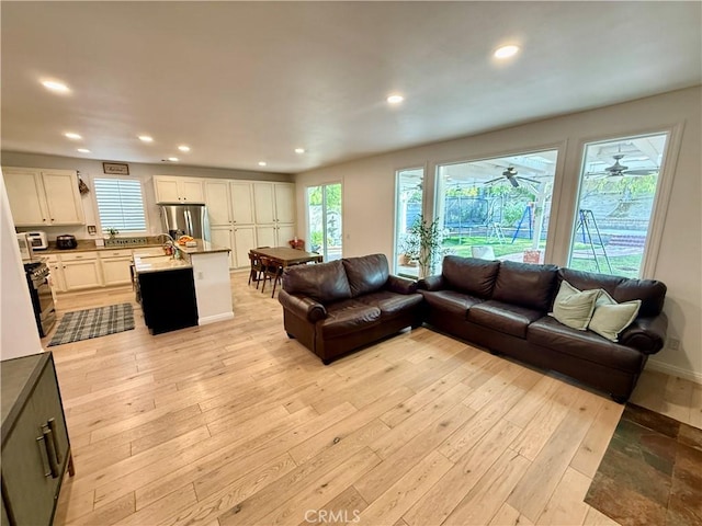 living room featuring sink and light hardwood / wood-style flooring