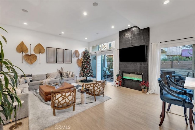 living room featuring a large fireplace and light hardwood / wood-style flooring