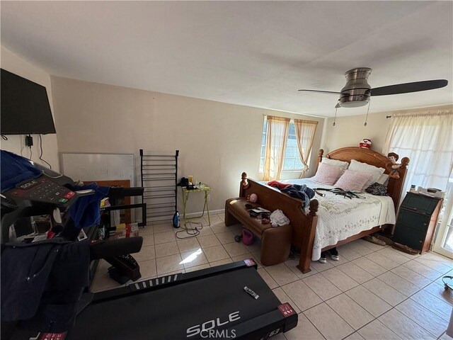 bedroom featuring ceiling fan and light tile patterned flooring