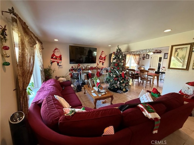 living room featuring light tile patterned floors