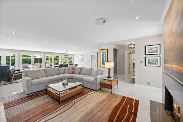 living room featuring light tile patterned flooring