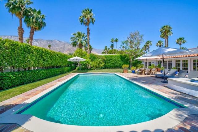 view of pool with a mountain view, a patio area, and french doors