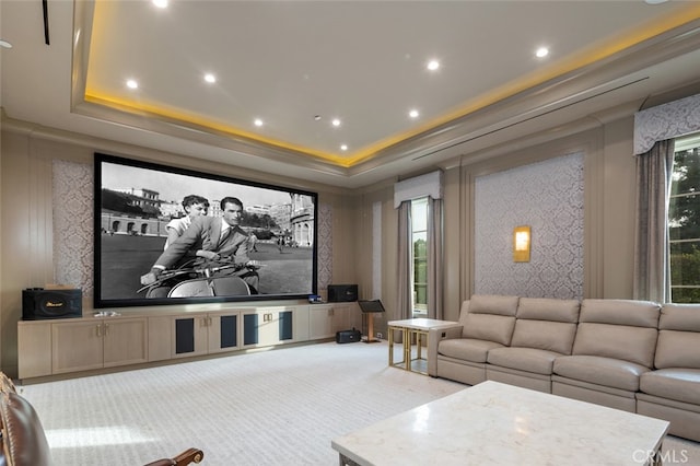 carpeted home theater featuring a wealth of natural light and a tray ceiling