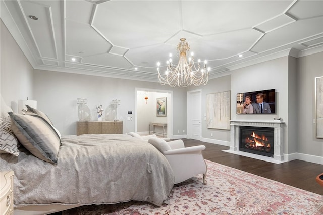 bedroom with ornamental molding, wood-type flooring, and a notable chandelier