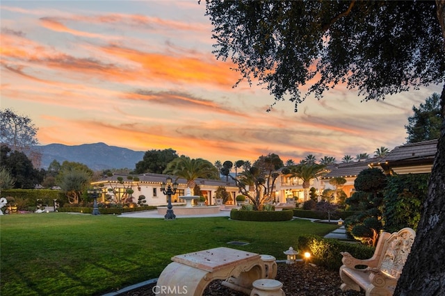 view of property's community featuring a mountain view and a yard