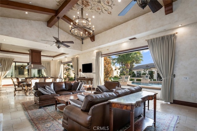 living room with ceiling fan with notable chandelier, high vaulted ceiling, and beamed ceiling