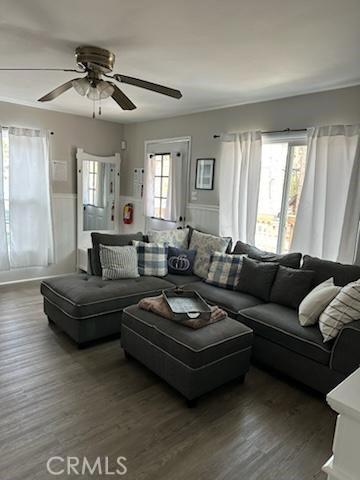 living room with ceiling fan, dark hardwood / wood-style floors, and a healthy amount of sunlight