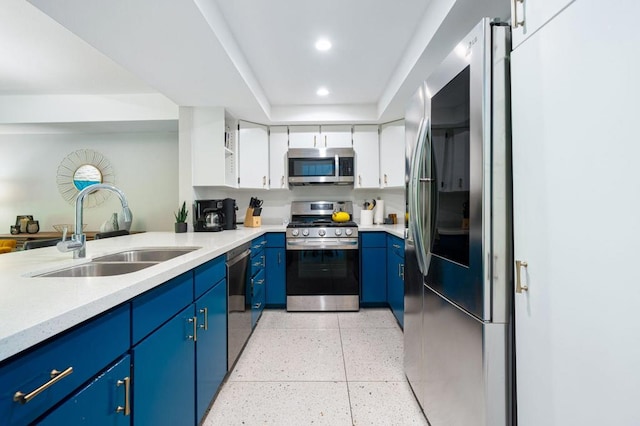 kitchen featuring white cabinets, appliances with stainless steel finishes, sink, a tray ceiling, and blue cabinets