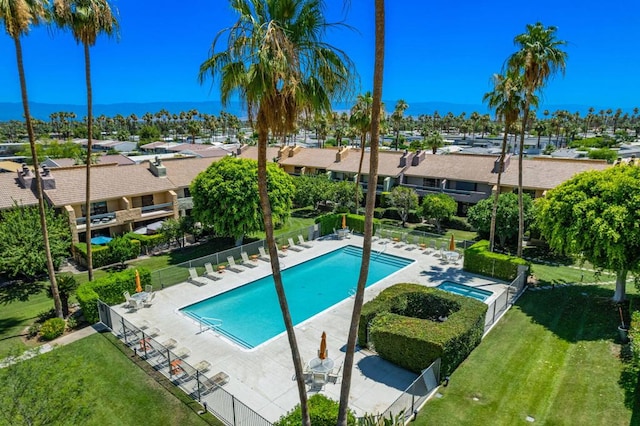 view of pool featuring a patio area and a yard