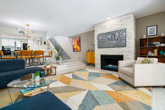 living room featuring a fireplace