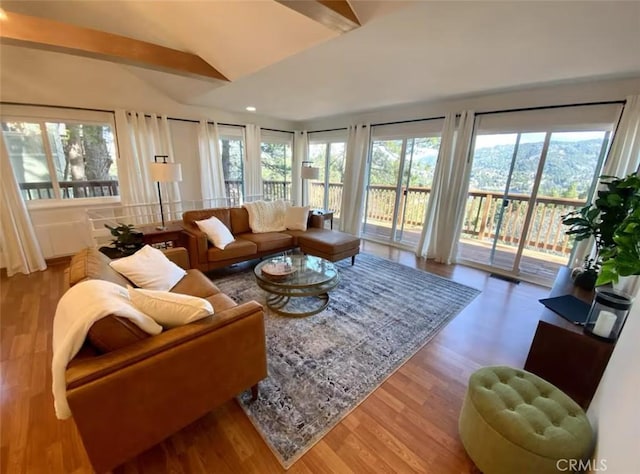 living room with light hardwood / wood-style floors, lofted ceiling with beams, and a healthy amount of sunlight