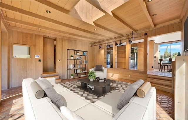 living room with wood walls, beam ceiling, and wood ceiling