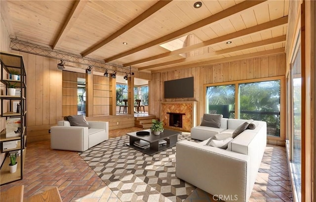 living room featuring wood ceiling, beam ceiling, and wood walls