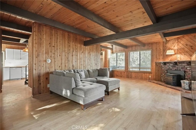 living room featuring wood ceiling, beam ceiling, a wood stove, and wooden walls