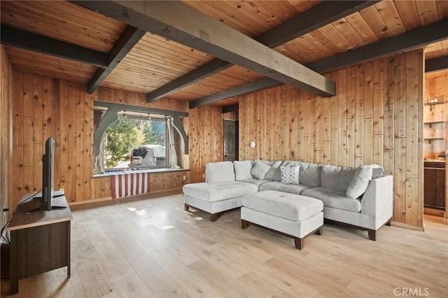 living room with light hardwood / wood-style floors, beam ceiling, and wood walls