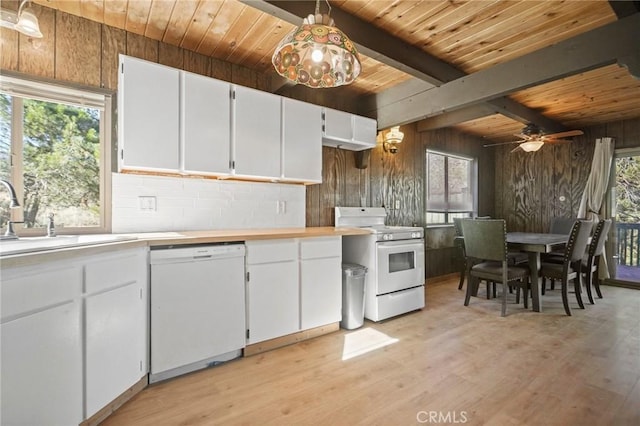 kitchen with wooden ceiling, white cabinetry, hanging light fixtures, and white appliances