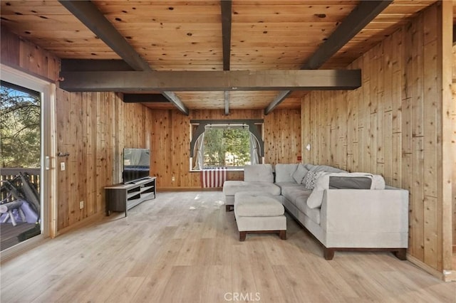 unfurnished living room with wood ceiling, wood walls, and beamed ceiling