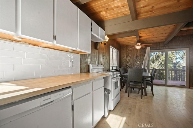 kitchen with ceiling fan, white appliances, white cabinets, and wood ceiling