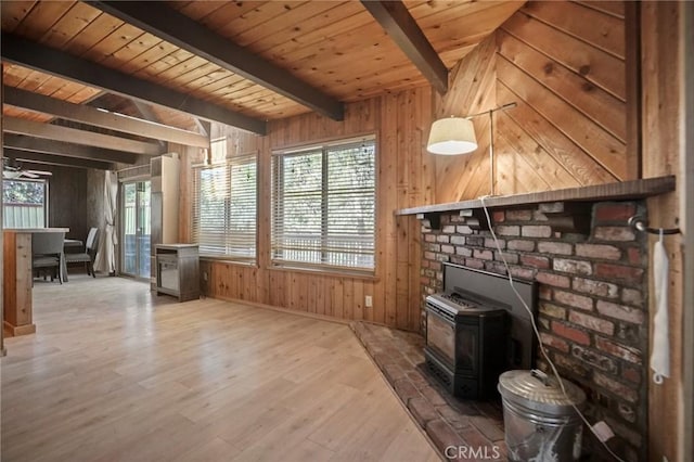 unfurnished living room with a wood stove, beam ceiling, wood ceiling, and wooden walls