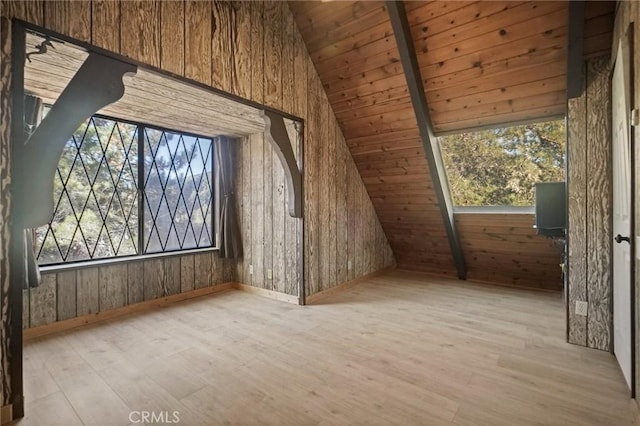 bonus room featuring light hardwood / wood-style floors, wooden ceiling, lofted ceiling with beams, and wooden walls