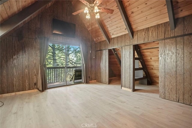 bonus room featuring ceiling fan, wood walls, beamed ceiling, hardwood / wood-style flooring, and wooden ceiling