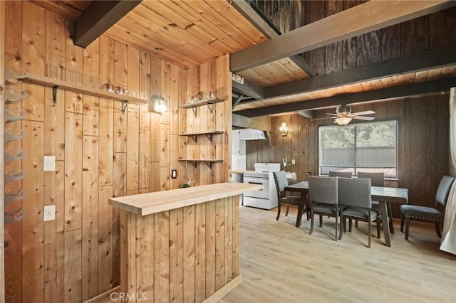 bar with white range with electric cooktop, wood walls, light wood-type flooring, ceiling fan, and beam ceiling