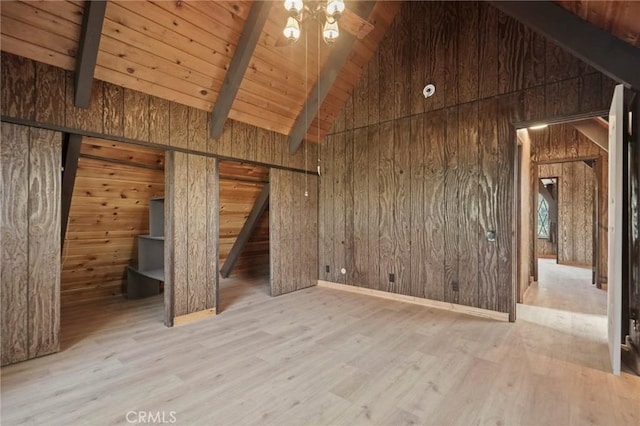 interior space with wood ceiling, light hardwood / wood-style floors, wooden walls, high vaulted ceiling, and beamed ceiling