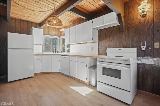 kitchen featuring white appliances, wood ceiling, decorative light fixtures, white cabinetry, and beamed ceiling