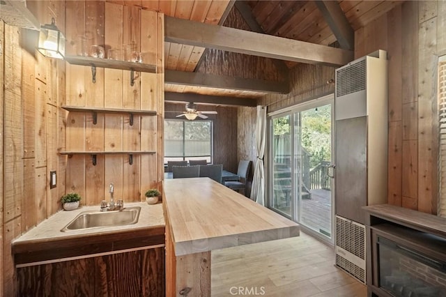 kitchen featuring ceiling fan, sink, wood walls, and wood ceiling