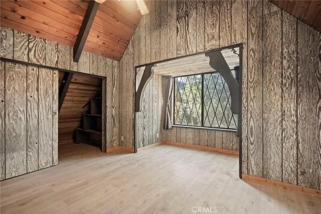 additional living space featuring light hardwood / wood-style flooring, wood walls, wood ceiling, and lofted ceiling with beams