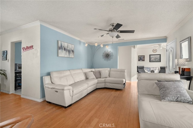 living room with a textured ceiling and crown molding