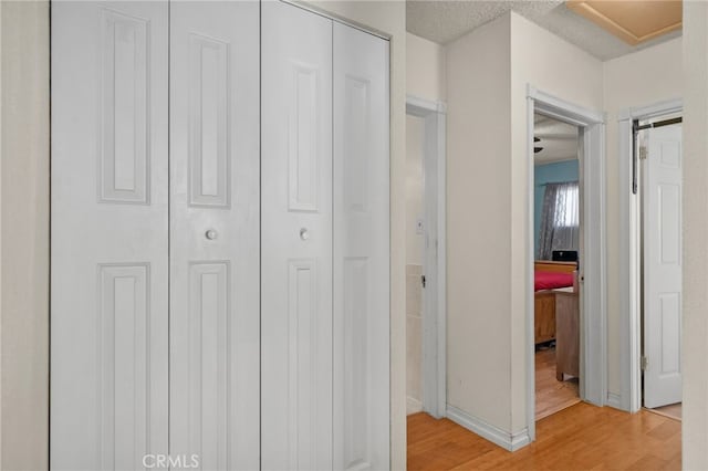 hall with light wood-type flooring and a textured ceiling