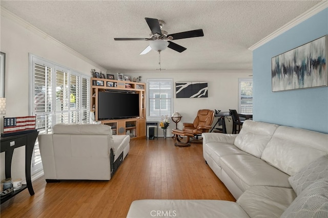 living room featuring a textured ceiling, ceiling fan, crown molding, and hardwood / wood-style floors