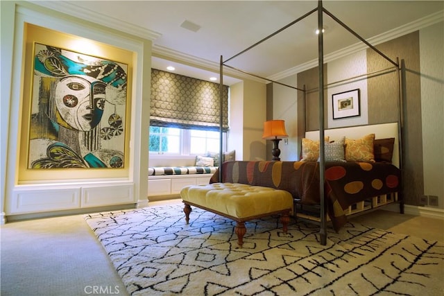 bedroom with carpet and ornamental molding