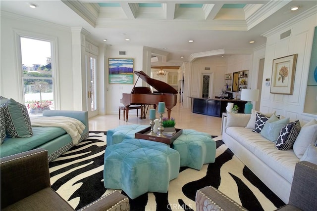 living room featuring beamed ceiling, light tile patterned floors, ornamental molding, and coffered ceiling