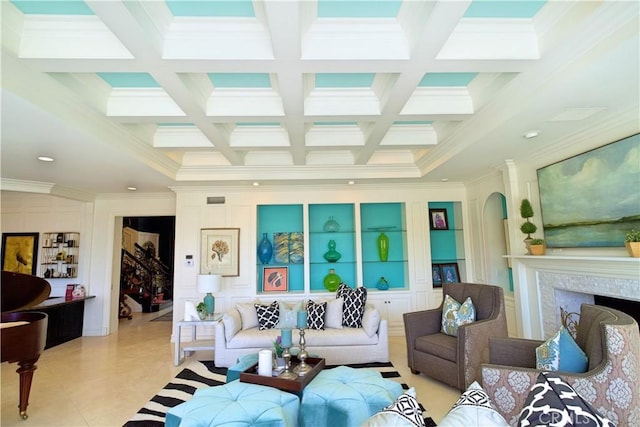 living room featuring light tile patterned floors, beamed ceiling, and coffered ceiling