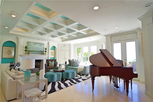 miscellaneous room with french doors, ornamental molding, coffered ceiling, beam ceiling, and light tile patterned flooring