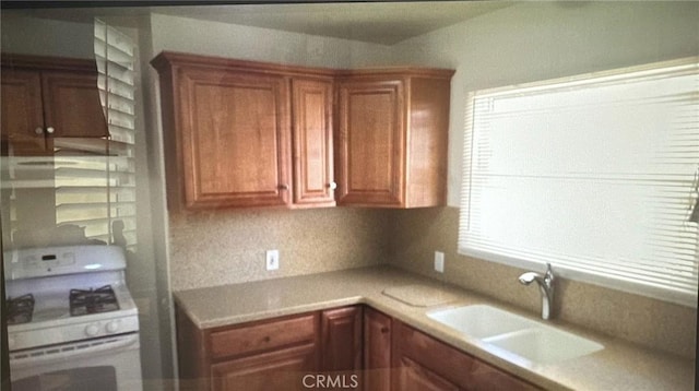 kitchen featuring a healthy amount of sunlight, white gas range oven, and sink